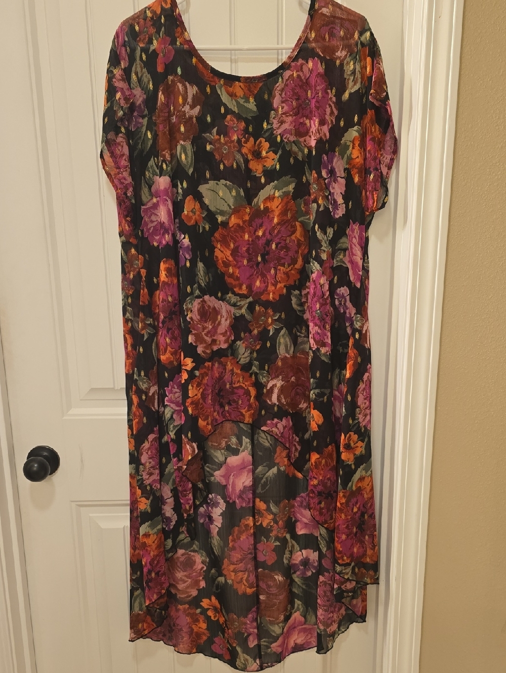 cha cha vente Black Sheer Floral High Low Blouse with Purple & Orange Accents